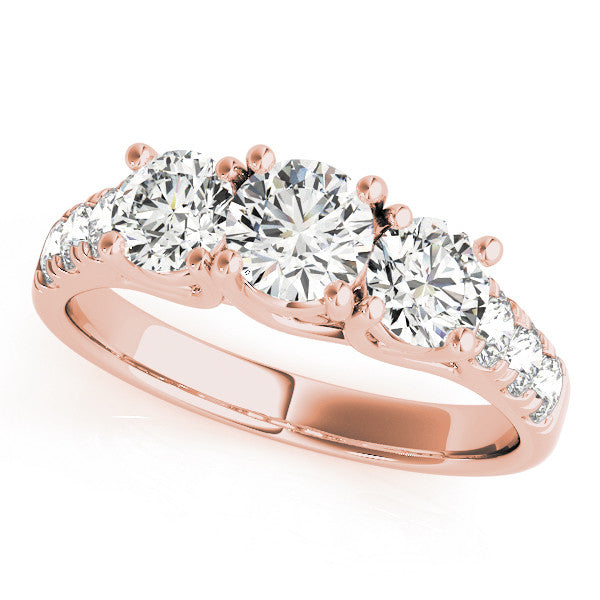 14K Rose Gold Three-Stone 1.55 Carat E VVS2 Round Diamond Pavé Band with Prong Setting