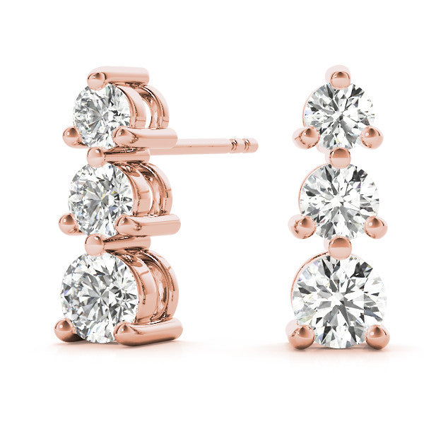 Rose gold Three-Stone Round Diamond Prong-Set Drop Earrings 2