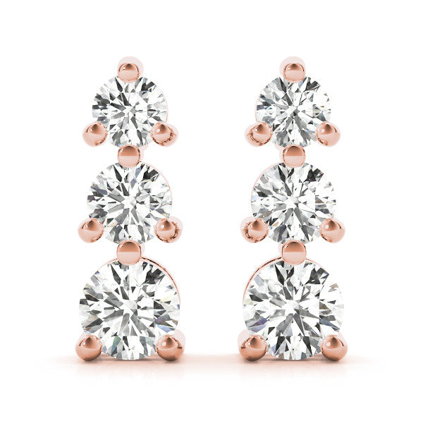 Rose gold Three-Stone Round Diamond Prong-Set Drop Earrings
