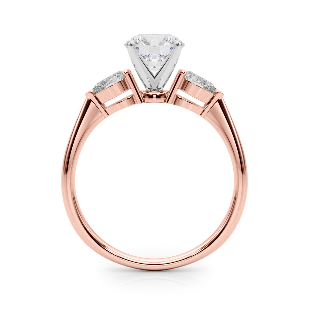 Rose gold Three-Stone Round Diamond Ring with Pear Side Stones on a Platinum Band with Four-Prong Setting 2