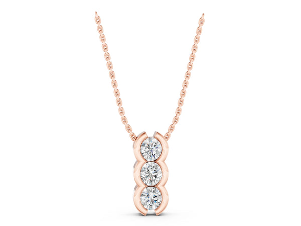 Rose gold Three Stone Round Diamond Shared Prong Pendant