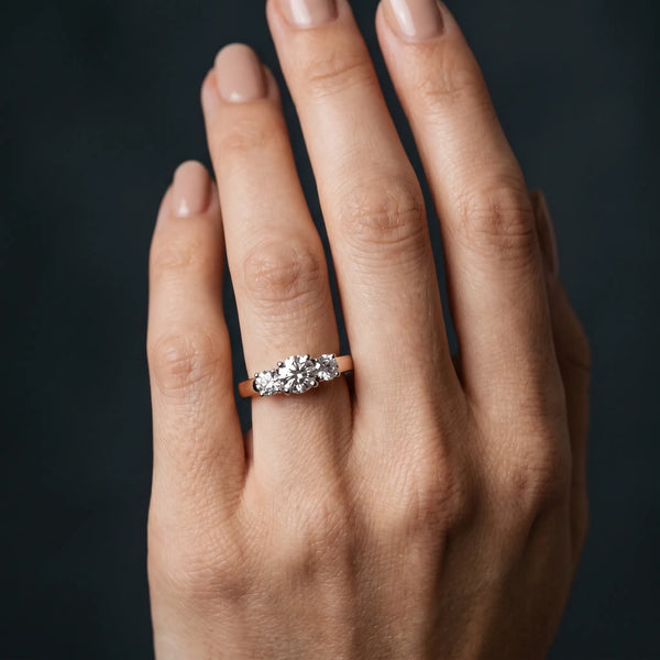 Rose gold Three-Stone Round Diamond Solitaire Ring with Channel Set Band and Four-Prong Setting