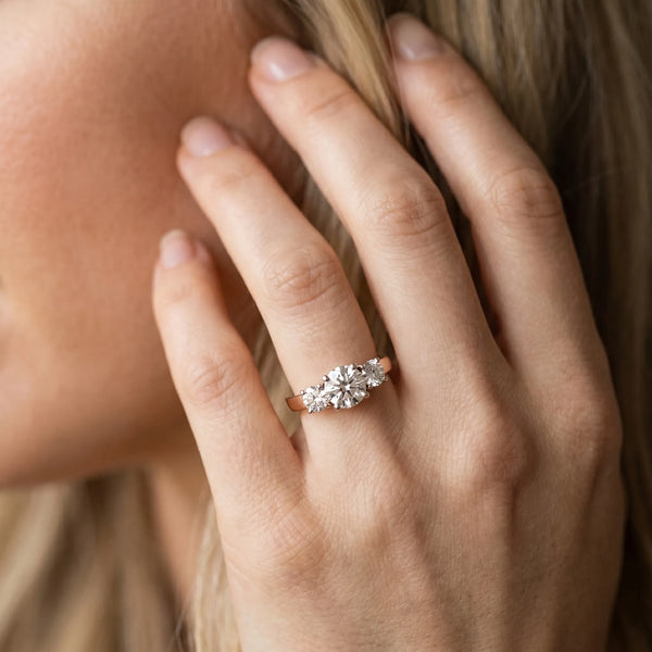 Rose gold Three-Stone Round Diamond Solitaire Ring with Channel Set Band and Four-Prong Setting
