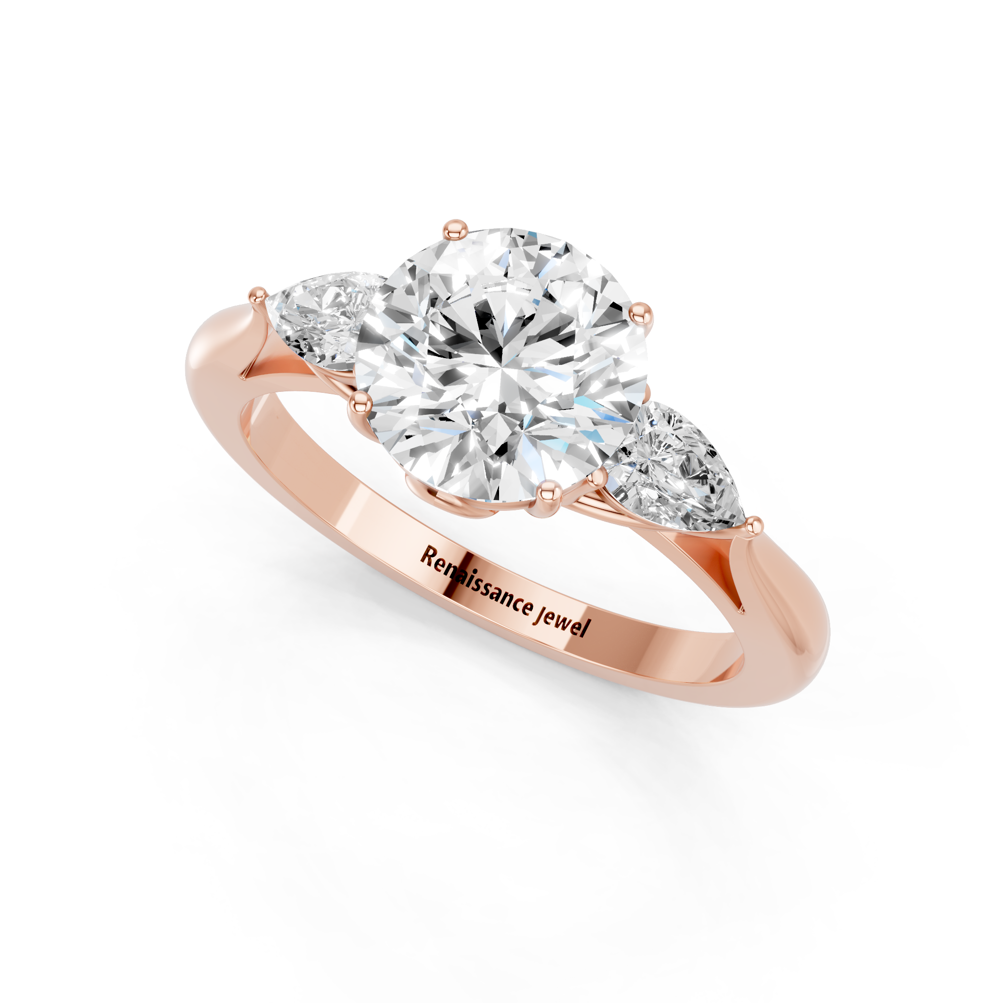 Rose gold Three-Stone Round Diamond Solitaire Ring with Pear Side Stones and Four-Prong Setting_3