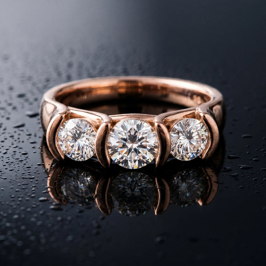 Rose gold Three-Stone Round Diamond Trellis Engagement Ring with Channel-Set Band