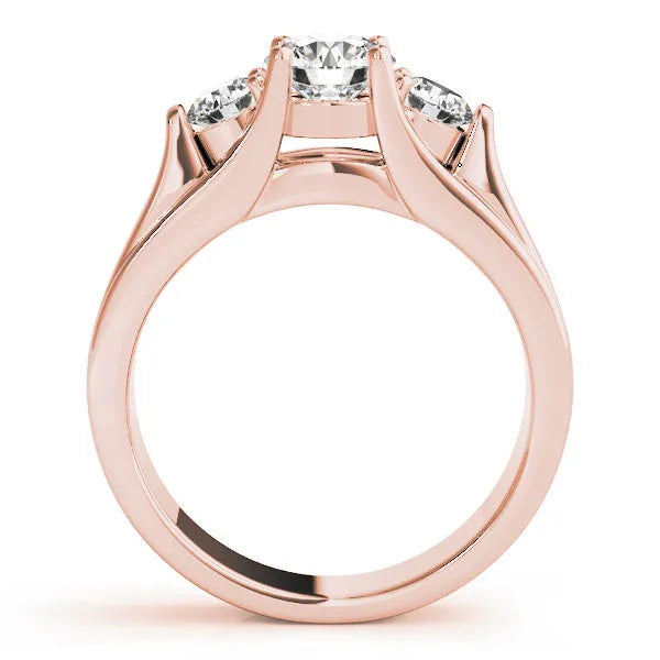 Rose gold Three-Stone Round Diamond Trellis Engagement Ring with Split Shank Band