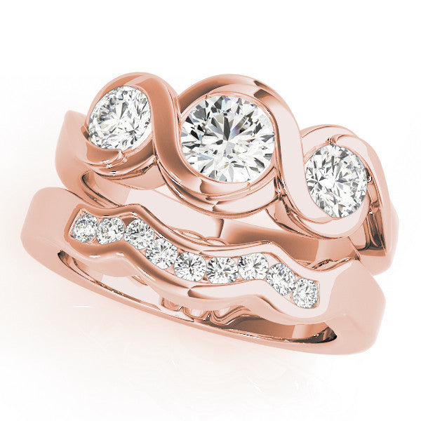 Rose gold Three-Stone Round Diamond Wave Band with Bezel Setting 1