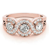 Rose gold Three-Stone Round Diamond Wave Pave Band with Prong Setting 1