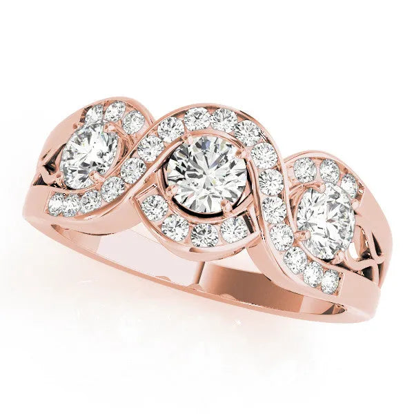 Rose gold Three-Stone Round Diamond Wave Pave Band with Prong Setting