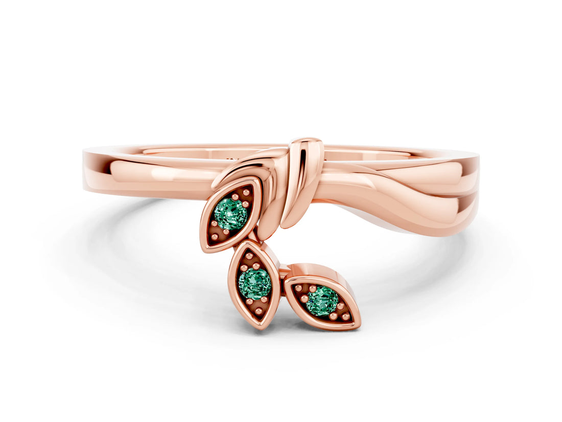 Rose gold Three-Stone Round Green Sapphire Leaf Bypass Ring with Bezel Setting_6