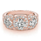 Rose gold Three-Stone Round Halo Diamond Milgrain Band with Four-Prong Setting 1