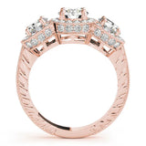 Rose gold Three-Stone Round Halo Diamond Milgrain Band with Four-Prong Setting 2