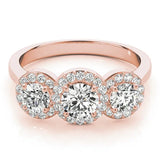 Rose gold Three-Stone Round Halo Diamond Ring with Pavé Band and Prong Setting 1