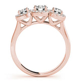 Rose gold Three-Stone Round Halo Diamond Ring with Pavé Band and Prong Setting 2