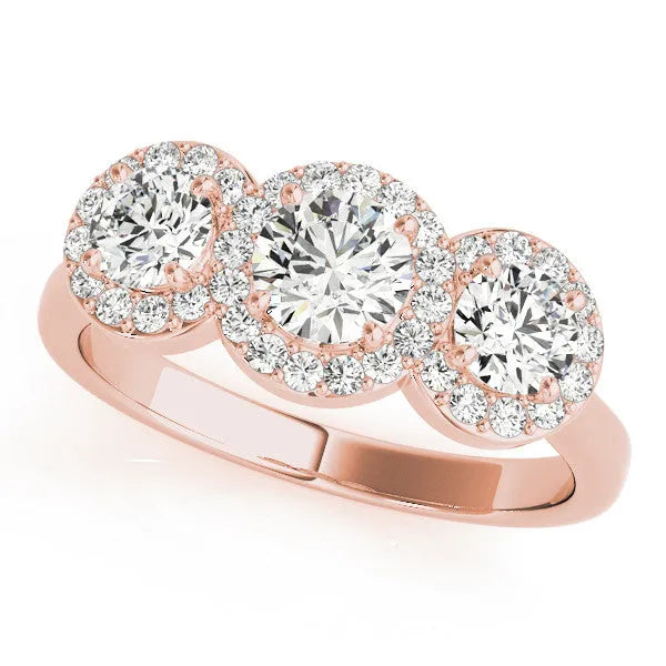 Rose gold Three-Stone Round Halo Diamond Ring with Pavé Band and Prong Setting