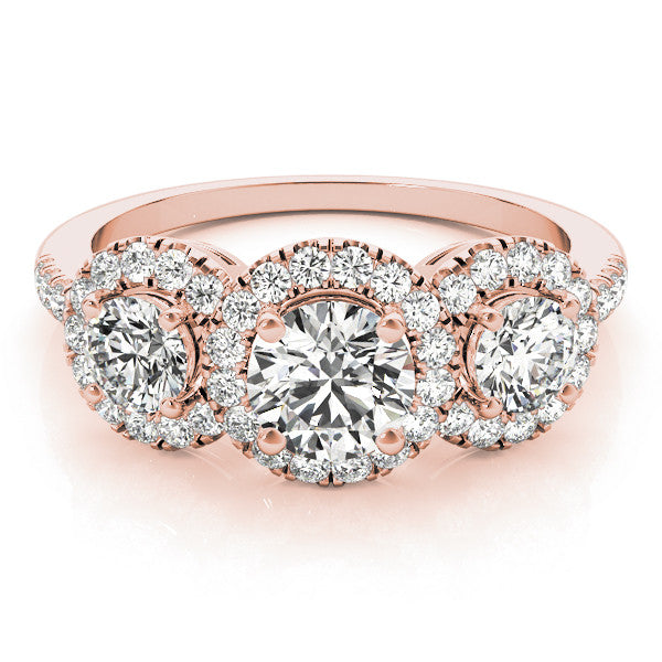 Rose gold Three-Stone Round Halo Diamond Ring with Pave Band and Prong Setting 1