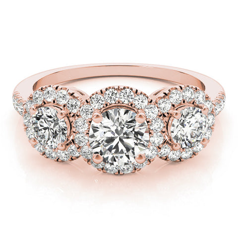 Rose gold Three-Stone Round Halo Diamond Ring with Pave Band and Prong Setting 1
