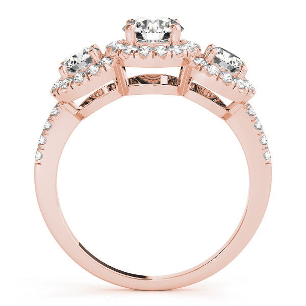 Rose gold Three-Stone Round Halo Diamond Ring with Pave Band and Prong Setting 2