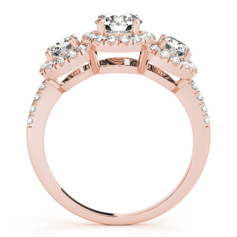 Rose gold Three-Stone Round Halo Diamond Ring with Pave Band and Prong Setting 2