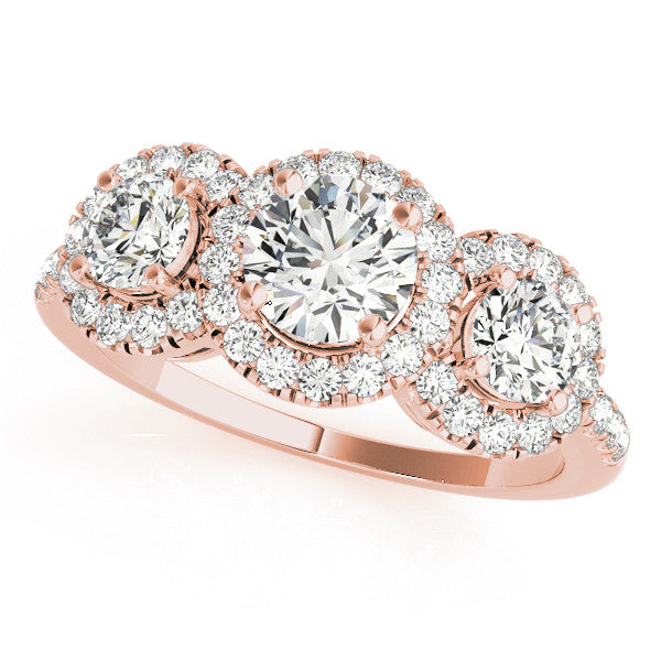 Rose gold Three-Stone Round Halo Diamond Ring with Pave Band and Prong Setting