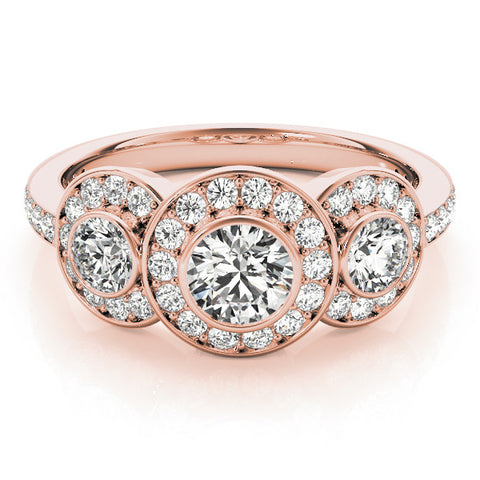 Rose gold Three-Stone Round Halo Pavé Diamond Ring 1