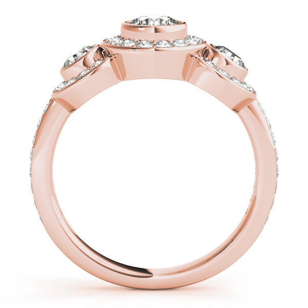 Rose gold Three-Stone Round Halo Pavé Diamond Ring 2