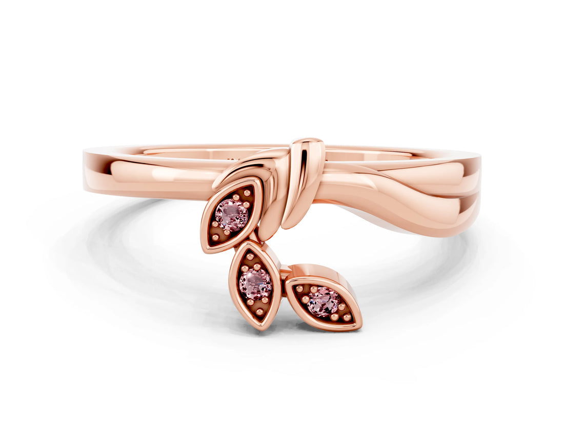 Rose gold Three-Stone Round Morganite Leaf Bypass Ring with Bezel Setting_6