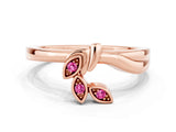 Rose gold Three-Stone Round Pink Sapphire Leaf Bypass Ring with Bezel Setting_18
