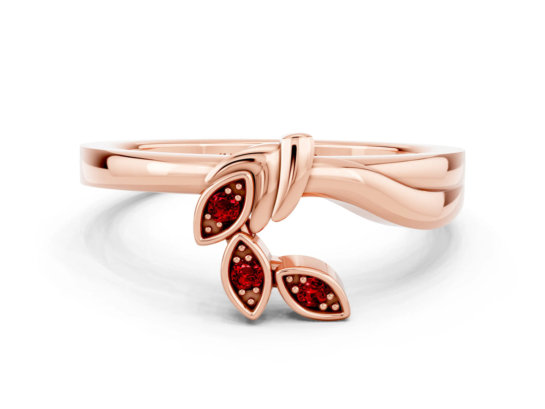 Rose gold Three-Stone Round Ruby Leaf Bypass Ring with Bezel Setting_6