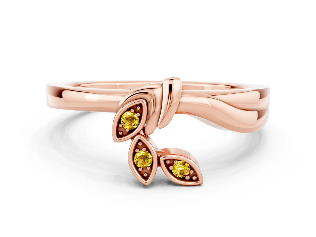 Rose gold Three-Stone Round Yellow Sapphire Leaf Bypass Ring with Bezel Setting_18