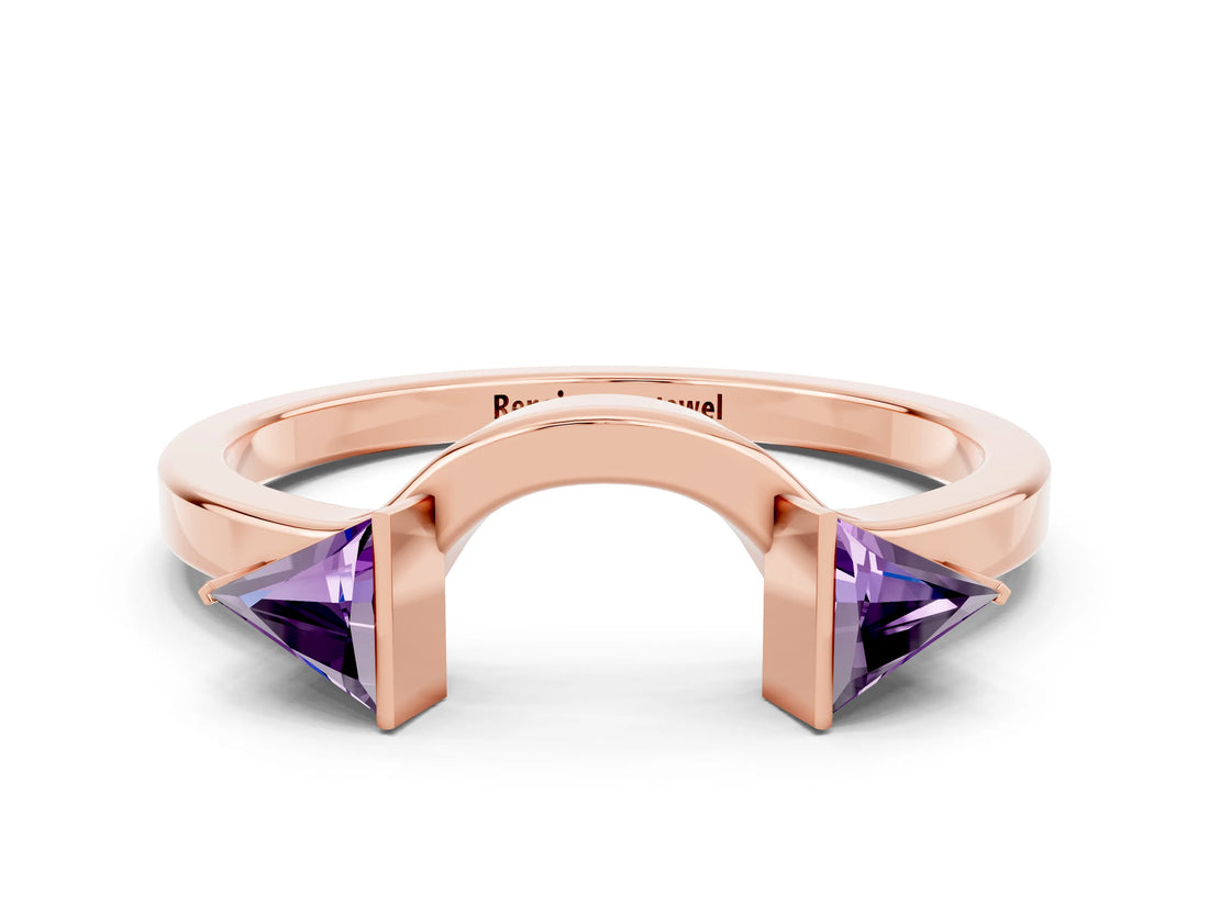 Rose gold Trillion Amethyst Open Band Ring with Bezel Setting_6