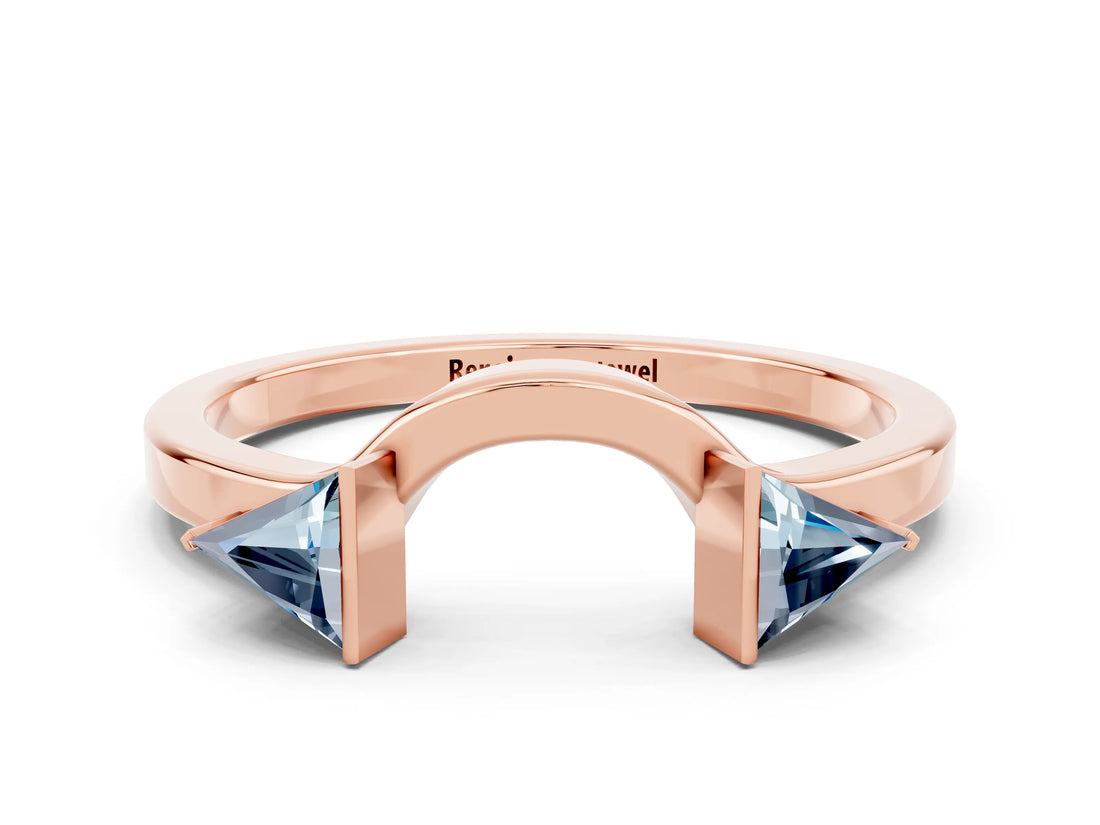 Rose gold Trillion Aquamarine Open Band Ring with Bezel Setting_6