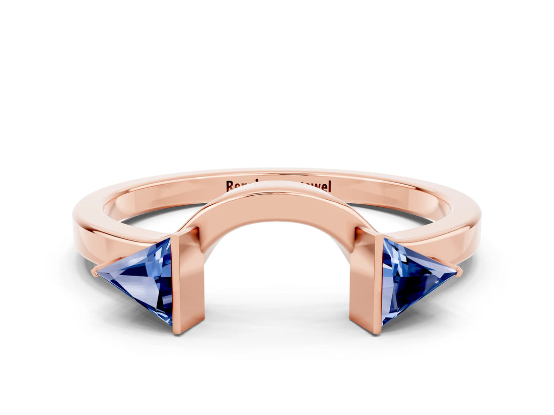 Rose gold Trillion Blue Sapphire Open Band Ring with Bezel Setting_6