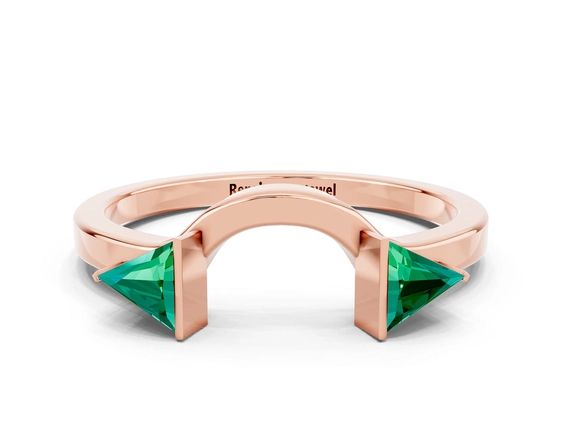 Rose gold Trillion Emerald Open Band Ring with Bezel Setting_6