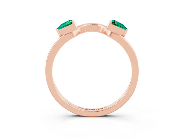 Rose Gold Trillion Lab-Grown Emerald Two Stone Arched Contour Band with Half Bezels