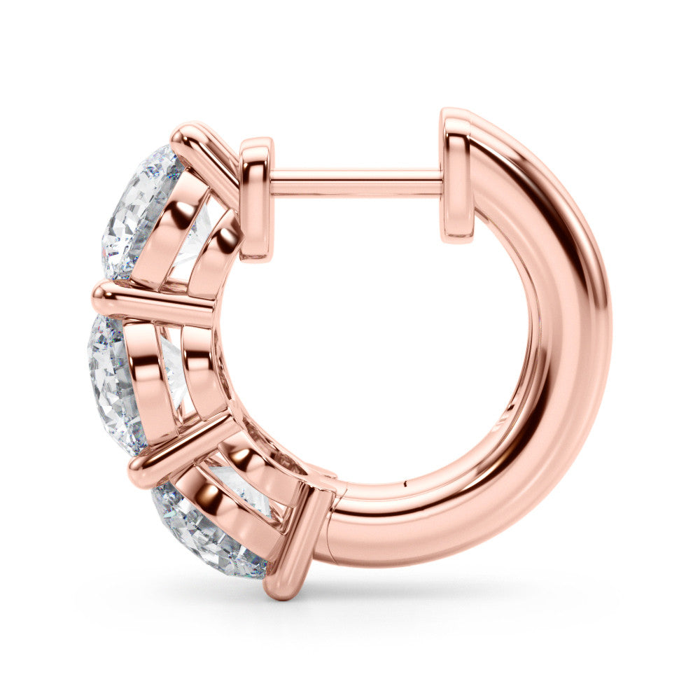 Rose gold Triple Round Diamond Huggie Earrings with Prong Setting 2