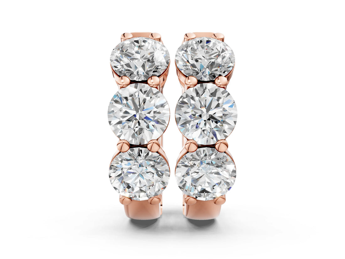 Rose gold Triple Round Diamond Huggie Earrings with Prong Setting_6