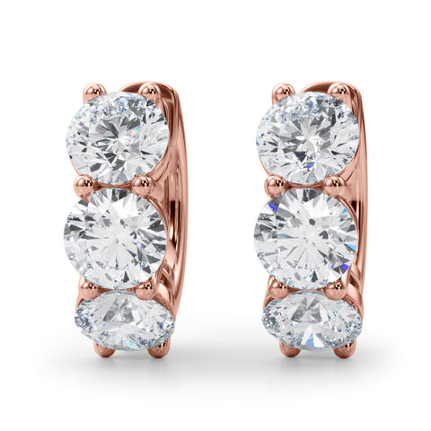 Rose gold Triple Round Diamond Huggie Earrings with Prong Setting