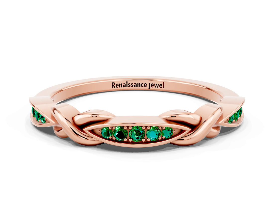 Rose gold Twisted Emerald Marquise Pavé Band with Shared Prong Setting_6