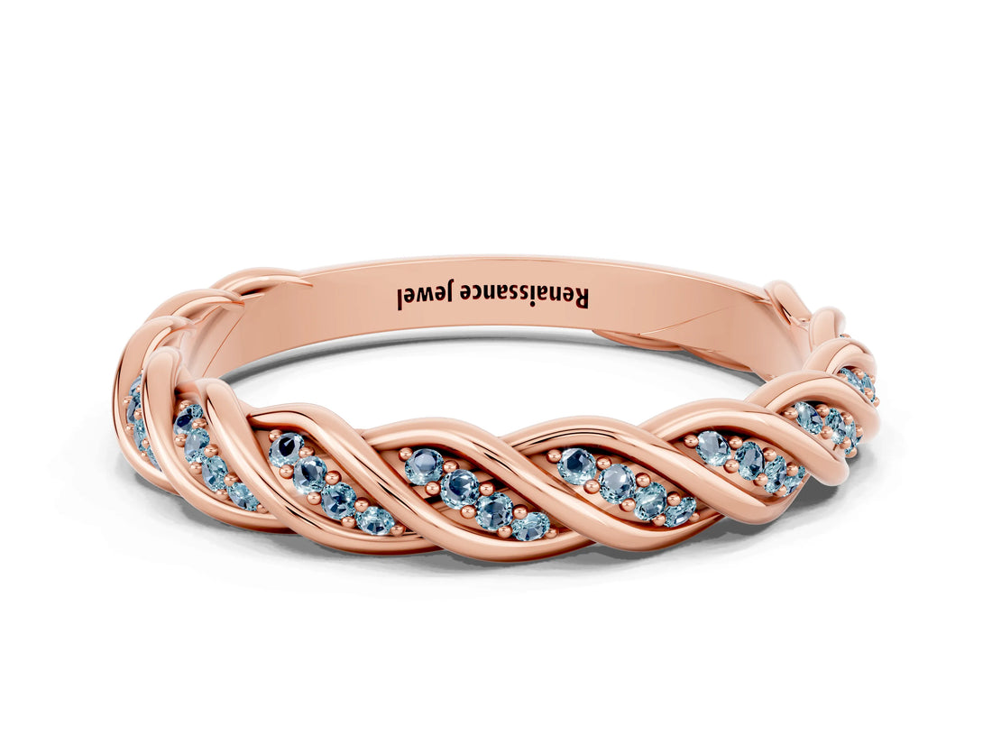 Rose gold Twisted Pavé Round Aquamarine Eternity Band with Shared Prong Setting_6