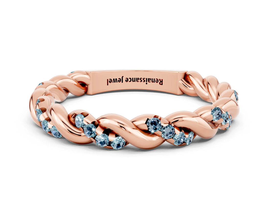 Rose gold Twisted Pavé Round Aquamarine Eternity Band_10