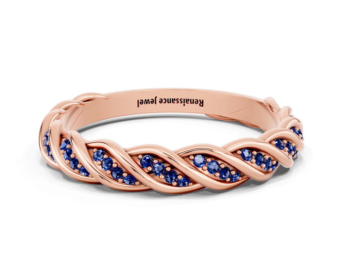 Rose gold Twisted Pavé Round Blue Sapphire Eternity Band with Shared Prong Setting_6