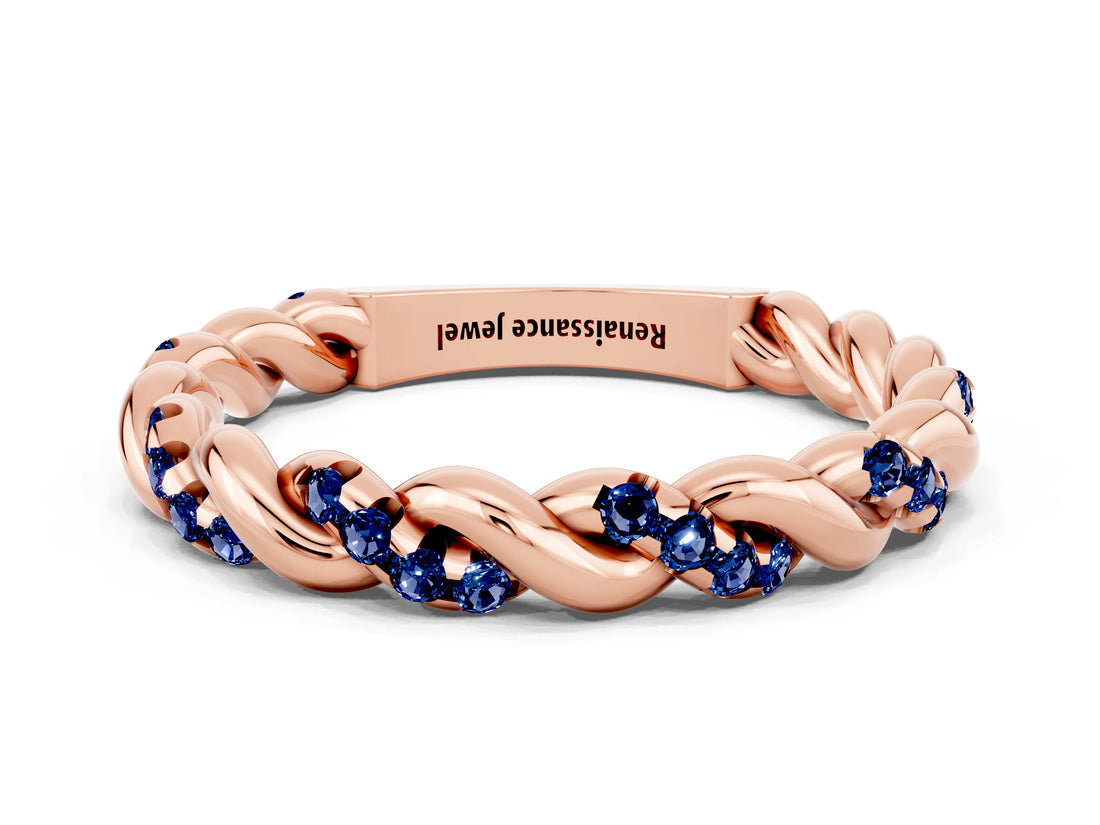 Rose gold Twisted Pavé Round Blue Sapphire Eternity Band_10