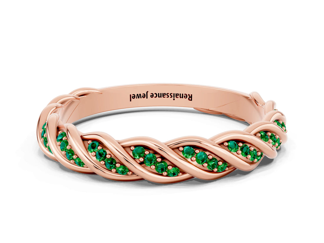 Rose gold Twisted Pavé Round Emerald Eternity Band with Shared Prong Setting_6