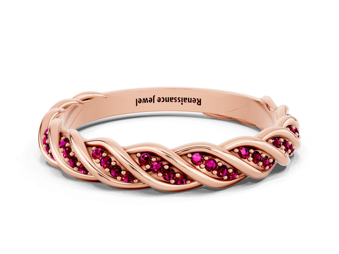 Rose gold Twisted Pavé Round Garnet Eternity Band with Shared Prong Setting_6