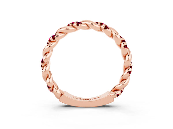 Rose Gold Round Garnet Twisted Rope Pave Wedding Band