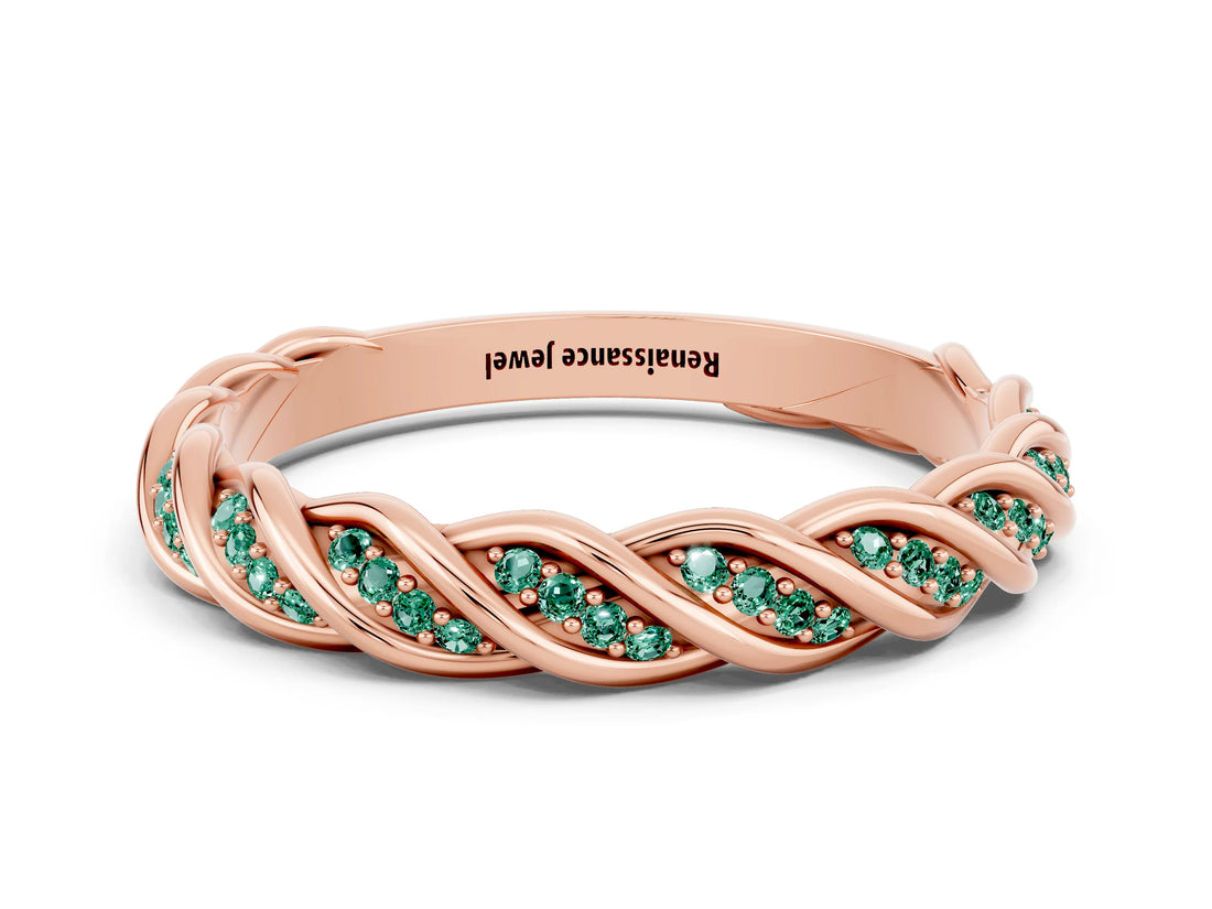 Rose gold Twisted Pavé Round Green Sapphire Eternity Band with Shared Prong Setting_6