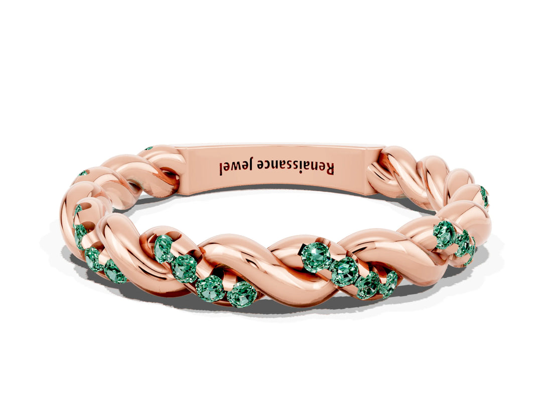 Rose gold Twisted Pavé Round Green Sapphire Eternity Band_10
