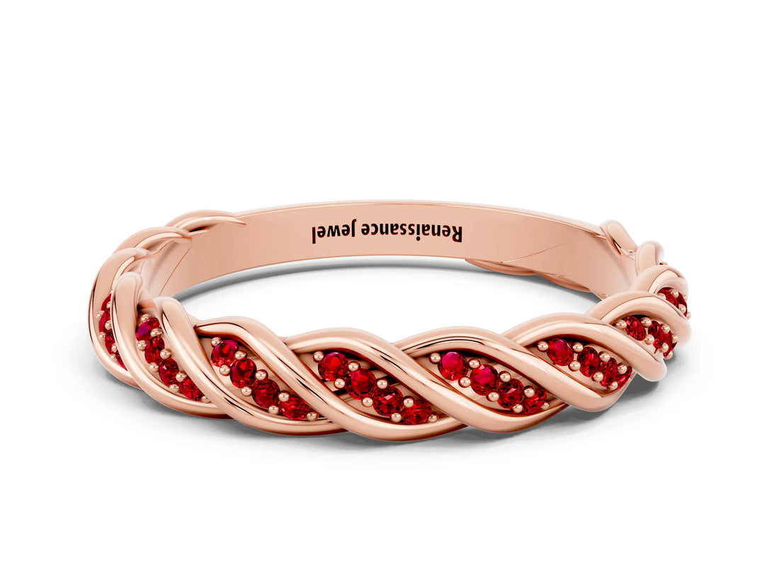 Rose gold Twisted Pavé Round Ruby Eternity Band with Shared Prong Setting_6