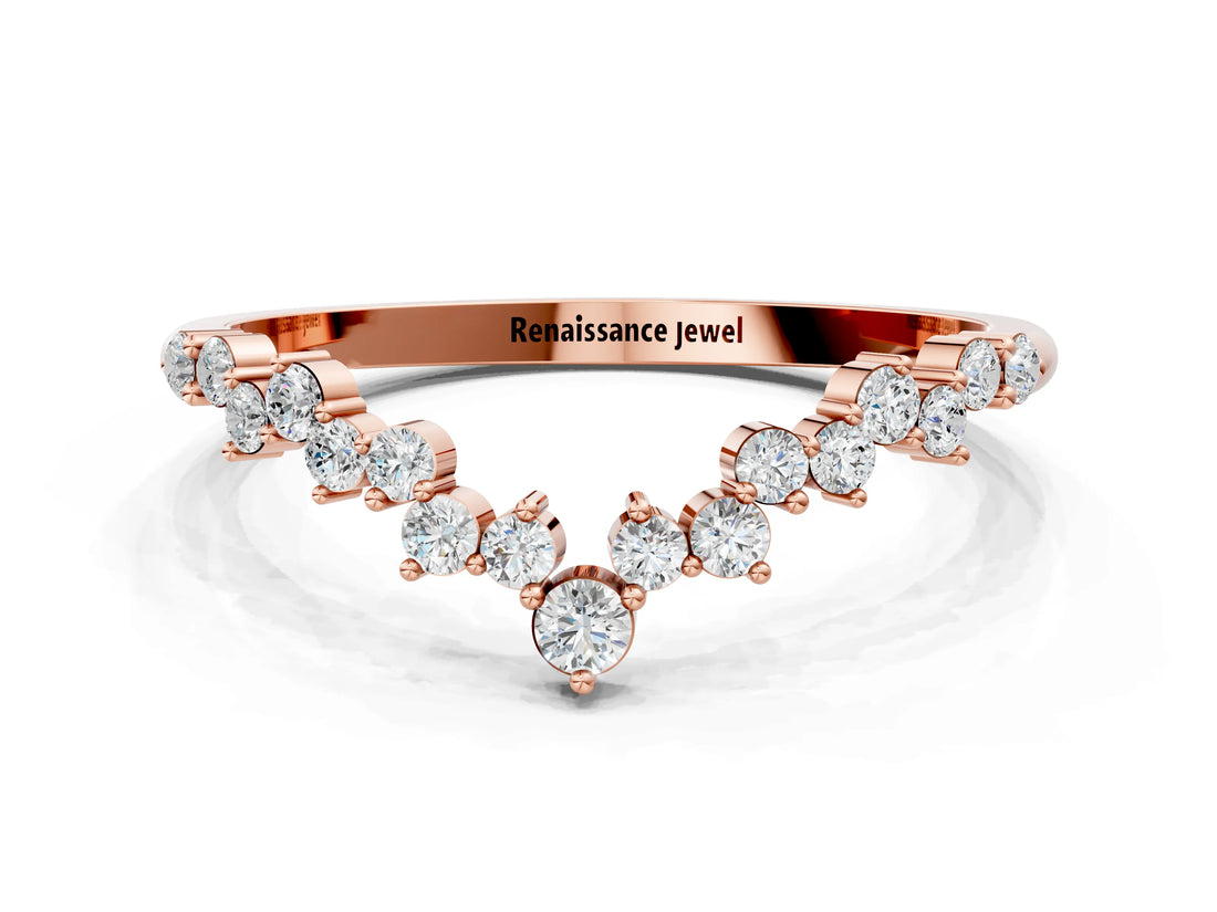 Rose gold V-Shaped Diamond Cluster Curved Band with Round Brilliant Cut Stones and Prong Setting_9